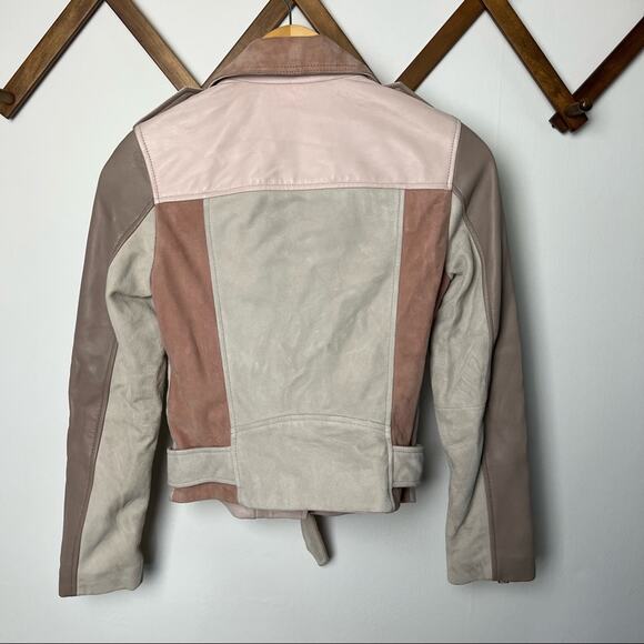 Allsaints Balfern Goat Mix Leather Pink and Tan Cropped Biker Jacket Size 0 - Picture 6 of 8